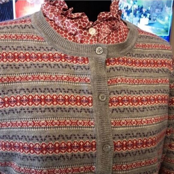 G.H Bass Cardigan And Blouse Two Piece Set Nordic Knit Gray Red Sz L - Picture 2 of 12